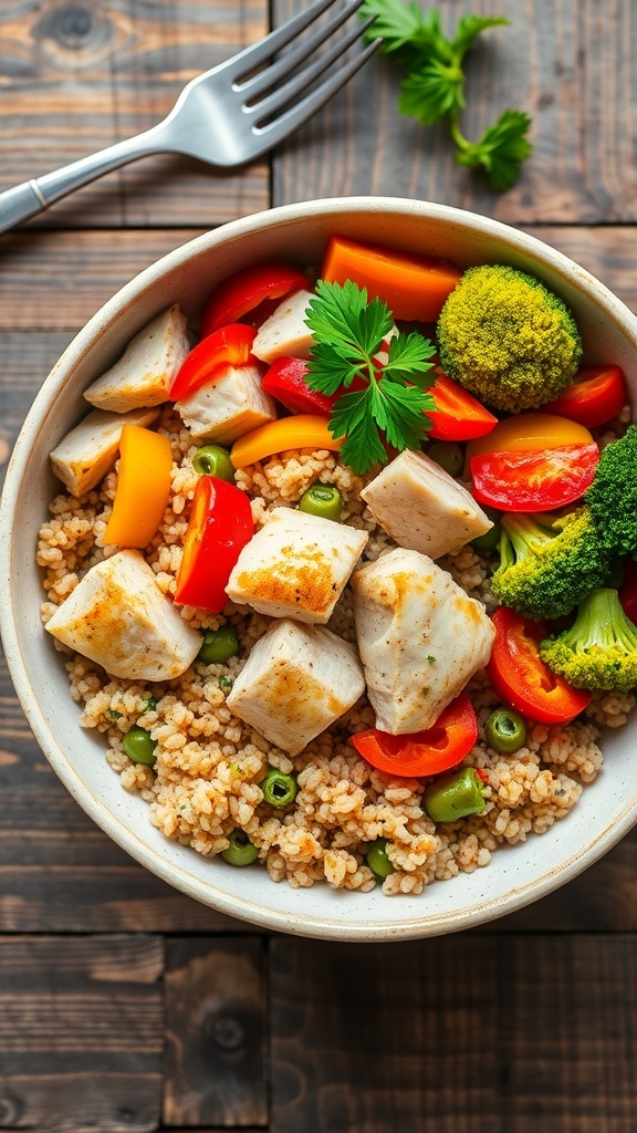A colorful quinoa chicken vegetable bowl with chicken, quinoa, bell peppers, broccoli, and carrots, garnished with parsley.